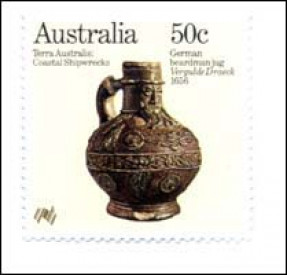 Australische Briefmarke mit einem Frechener Bartmannskrug.