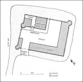 Grundriss der ursprünglichen Anlage der Burg Raeren im 14. Jh.